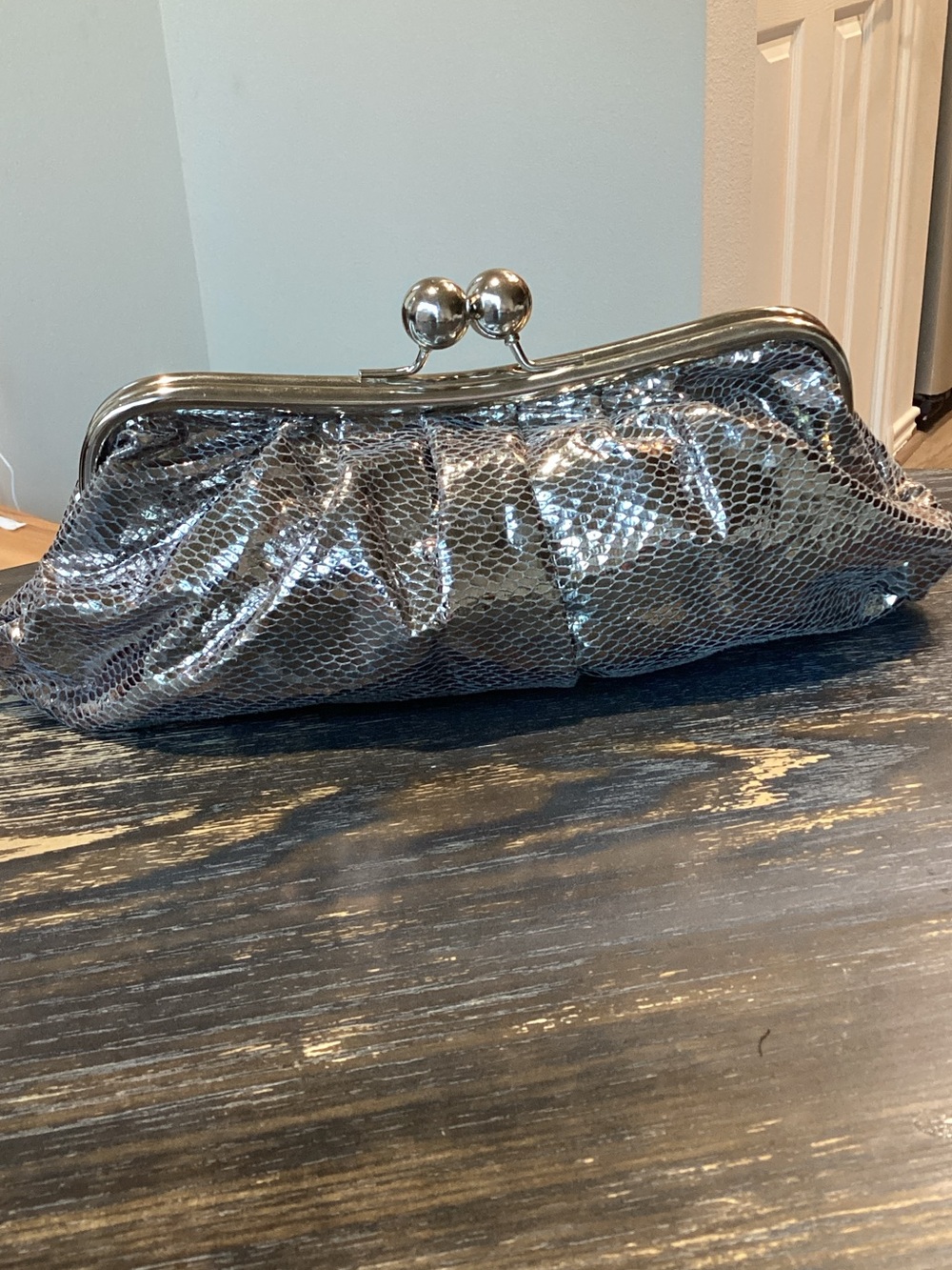 Far Nine Pewter Metallic Evening Clutch with Large Kiss Lock Closure